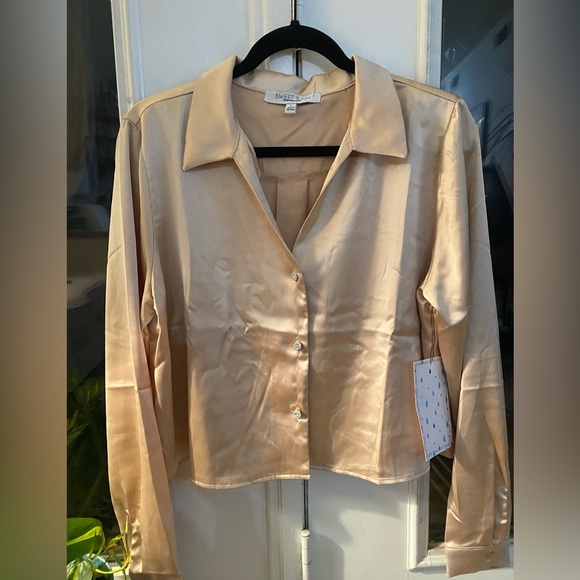 Silky Champagne Blouse with three rhine stone buttons, Size L - Picture 1 of 11